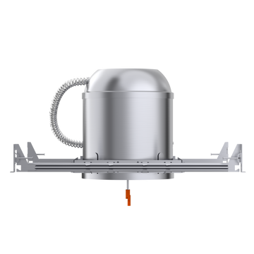 Side view of the Sunco 6-inch Recessed Can for New Construction shows off the adjustable hangars with airtight housing, flexible conduit and TP24 connector. The junction box is included behind the recessed can for your convenience. This unit easily installs in wooden joists or suspended ceilings. Accepts 24W retrofit LED downlights.